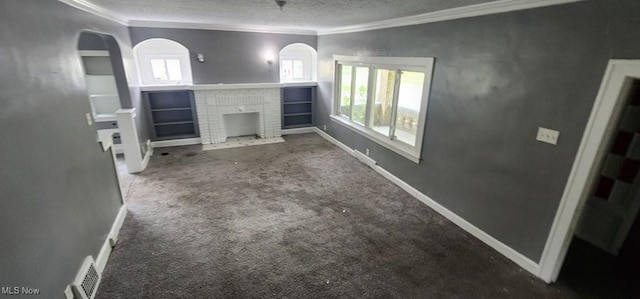 3624 E 154th St, Cleveland, OH 44120 - unfurnished living room featuring healthy amount of natural light, a fireplace, ornamental molding, carpet flooring, and a textured ceiling