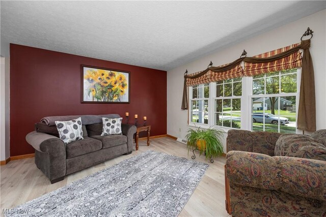 23730 Sawmill Bnd, Olmsted Falls, OH 44138 - living room featuring an accent wall, wood finished floors, and a textured ceiling
