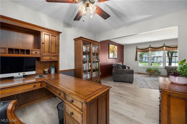 23730 Sawmill Bnd, Olmsted Falls, OH 44138 - home office featuring a ceiling fan, light wood-type flooring, and built in desk