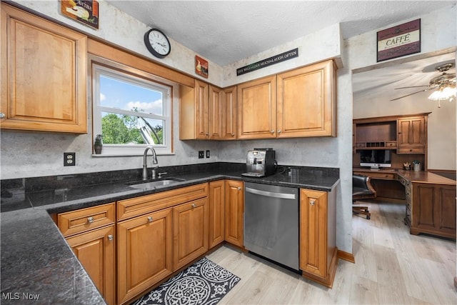 23730 Sawmill Bnd, Olmsted Falls, OH 44138 - kitchen with dishwasher, light wood-style flooring, a textured ceiling, and brown cabinetry