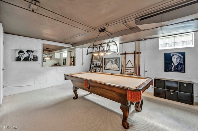 9013 Elsmere Dr, Parma, OH 44130 - recreation room featuring carpet flooring, concrete block wall, and billiards table