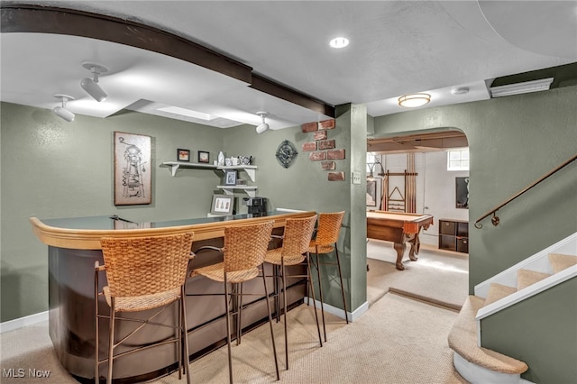 9013 Elsmere Dr, Parma, OH 44130 - indoor dry bar featuring carpet floors, stairway, billiards, and a textured wall