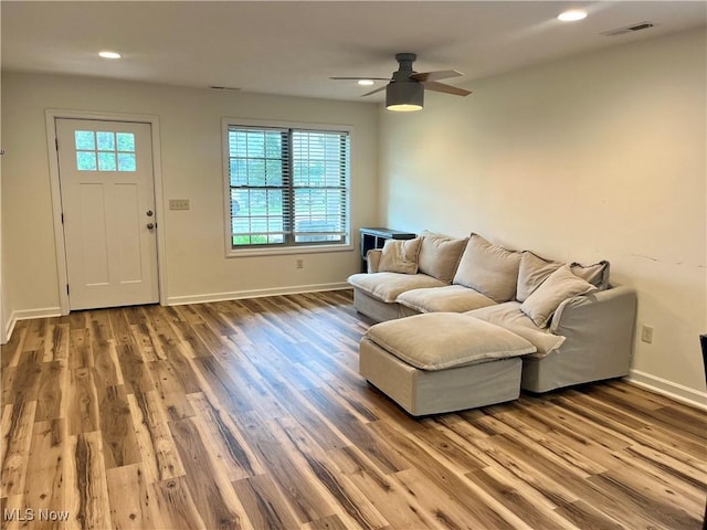 507B Memory Ln, Bethesda, OH 43719 - living area with wood finished floors, a ceiling fan, and recessed lighting