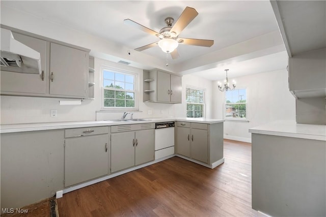 1005 Fairview Blvd, Coshocton, OH 43812 - kitchen with white dishwasher, gray cabinets, open shelves, and dark wood-style floors