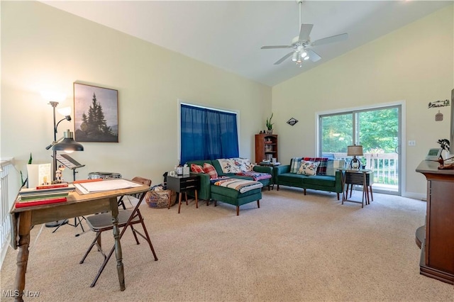 7716 N Ridge Pl, Lisbon, OH 44432 - carpeted home office with ceiling fan and high vaulted ceiling