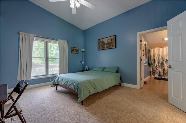 7716 N Ridge Pl, Lisbon, OH 44432 - bedroom featuring carpet, vaulted ceiling, and a ceiling fan