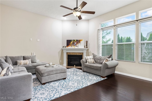 464 Marfa Cir, Copley, OH 44321 - living room with hardwood / wood-style floors, ceiling fan, and a glass covered fireplace