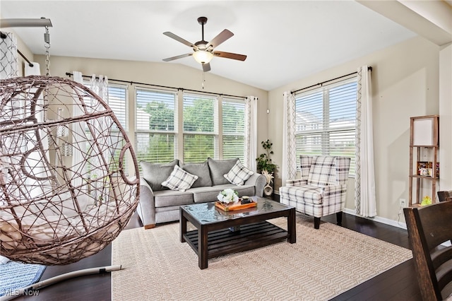 464 Marfa Cir, Copley, OH 44321 - living room featuring a ceiling fan, vaulted ceiling, and wood finished floors