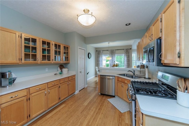 23450 Wainwright Ter, Olmsted Falls, OH 44138 - kitchen featuring appliances with stainless steel finishes, light wood finished floors, light countertops, glass insert cabinets, and a textured ceiling