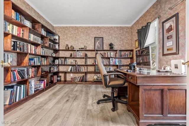 1103 Greenmont Cir, Vienna, WV 26105 - office area featuring wallpapered walls, wood finished floors, wall of books, and ornamental molding