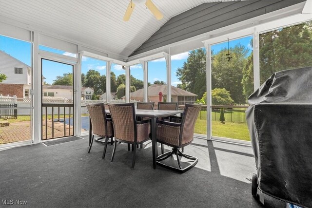 1103 Greenmont Cir, Vienna, WV 26105 - sunroom featuring a ceiling fan, vaulted ceiling, and outdoor dining area