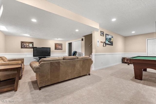 1103 Greenmont Cir, Vienna, WV 26105 - living area featuring carpet floors, recessed lighting, pool table, a wainscoted wall, and a textured ceiling