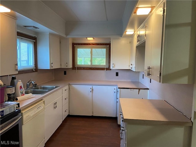 100 Crestview Dr, Newcomerstown, OH 43832 - kitchen featuring white dishwasher, dark wood finished floors, white cabinetry, and light countertops