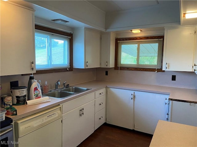 100 Crestview Dr, Newcomerstown, OH 43832 - kitchen featuring white dishwasher, light countertops, white cabinets, and dark wood-type flooring