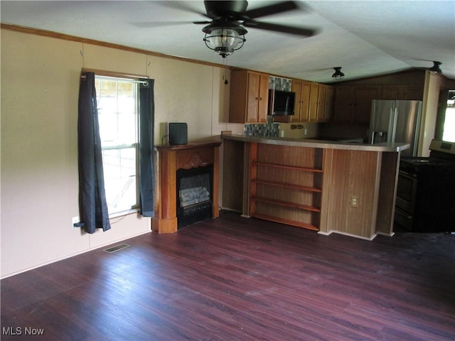 114 Quail Ln, Saint Marys, WV 26170 - kitchen featuring black range with electric cooktop, stainless steel fridge, dark wood-style floors, a peninsula, and a ceiling fan
