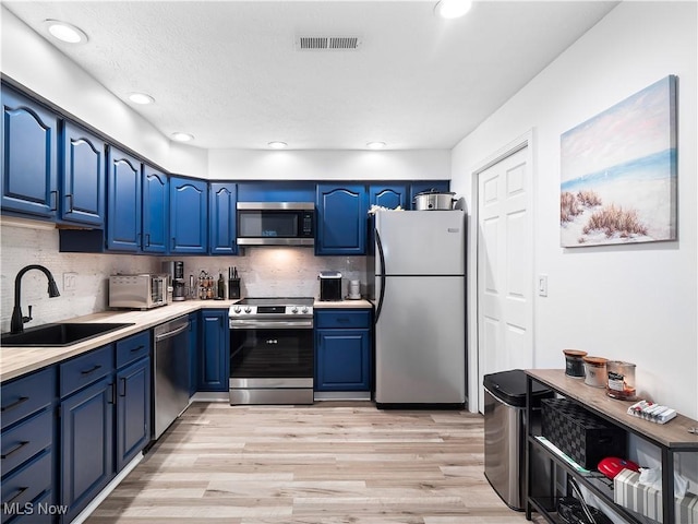 1217 W River Rd N Unit A3, Elyria, OH 44035 - kitchen with stainless steel appliances, blue cabinetry, light wood-type flooring, backsplash, and light countertops