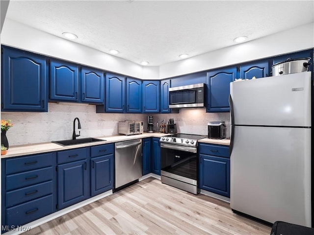 1217 W River Rd N Unit A3, Elyria, OH 44035 - kitchen featuring appliances with stainless steel finishes, blue cabinetry, backsplash, light countertops, and light wood-style floors