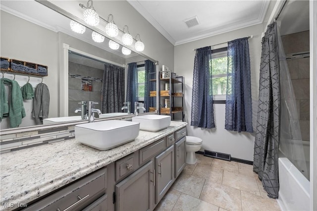 26938 Tall Oaks Trl, Olmsted Twp, OH 44138 - bathroom featuring double vanity, crown molding, shower / bathtub combination with curtain, and a chandelier