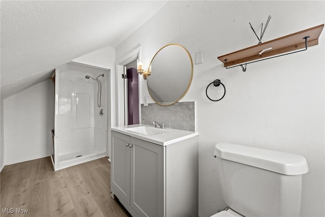 1411 E 47th St, Cleveland, OH 44103 - full bath with wood finished floors, a stall shower, vanity, a textured ceiling, and lofted ceiling