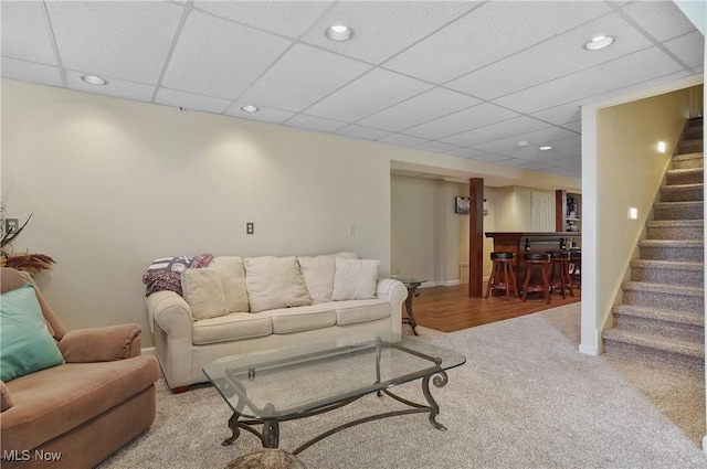 8883 Michaels Ln, Broadview Heights, OH 44147 - living room featuring a dry bar, stairway, a paneled ceiling, carpet flooring, and recessed lighting