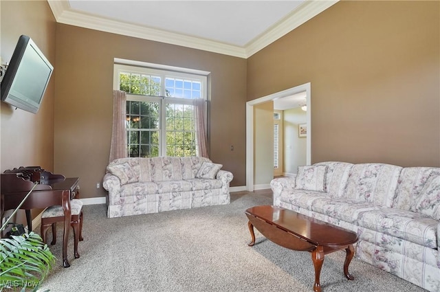 8883 Michaels Ln, Broadview Heights, OH 44147 - carpeted living room featuring ornamental molding