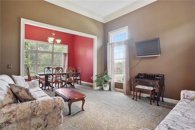 8883 Michaels Ln, Broadview Heights, OH 44147 - carpeted living room with a chandelier and crown molding