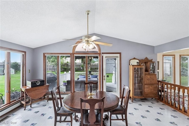1318 Mirheath Dr, Huron, OH 44839 - dining space featuring lofted ceiling, a ceiling fan, a textured ceiling, and a baseboard radiator