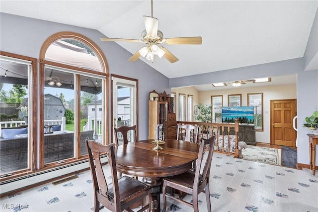 1318 Mirheath Dr, Huron, OH 44839 - dining space featuring lofted ceiling, a ceiling fan, and baseboard heating