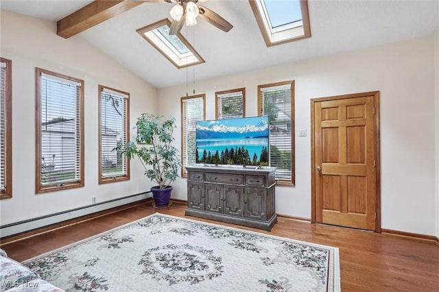 1318 Mirheath Dr, Huron, OH 44839 - living room featuring a skylight, a baseboard radiator, wood finished floors, and ceiling fan
