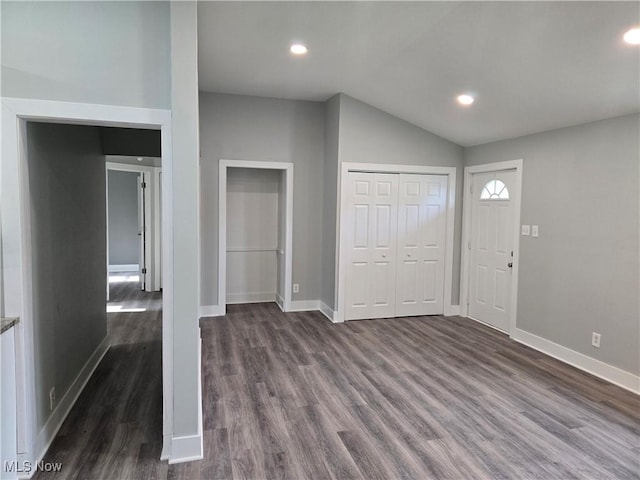 2500 Redgate Ln, Austintown, OH 44511 - entryway featuring dark wood-type flooring, vaulted ceiling, and recessed lighting