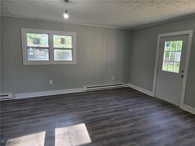 2500 Redgate Ln, Austintown, OH 44511 - spare room with a baseboard radiator, ornamental molding, dark wood-type flooring, and a textured ceiling