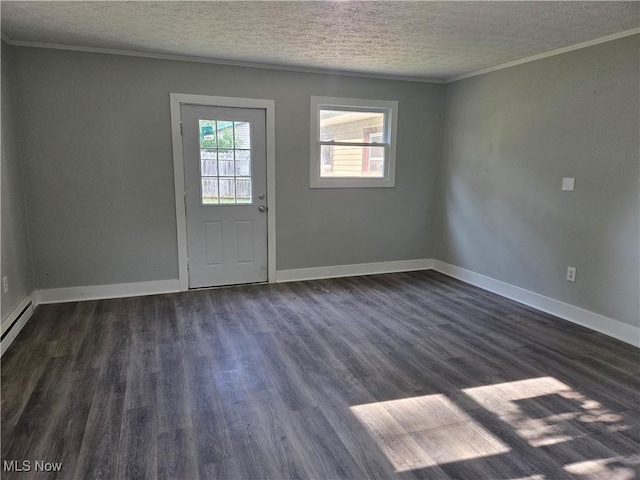2500 Redgate Ln, Austintown, OH 44511 - doorway to outside featuring crown molding, a textured ceiling, and dark wood-type flooring