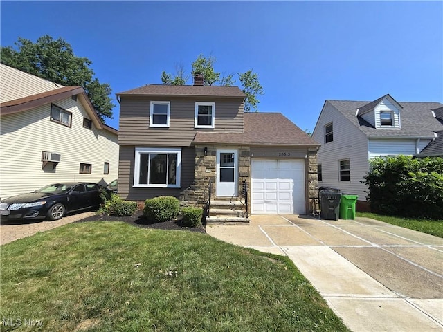 26313 Oriole Ave, Euclid, OH 44132 - view of front of house with concrete driveway, an attached garage, a front lawn, a chimney, and stone siding