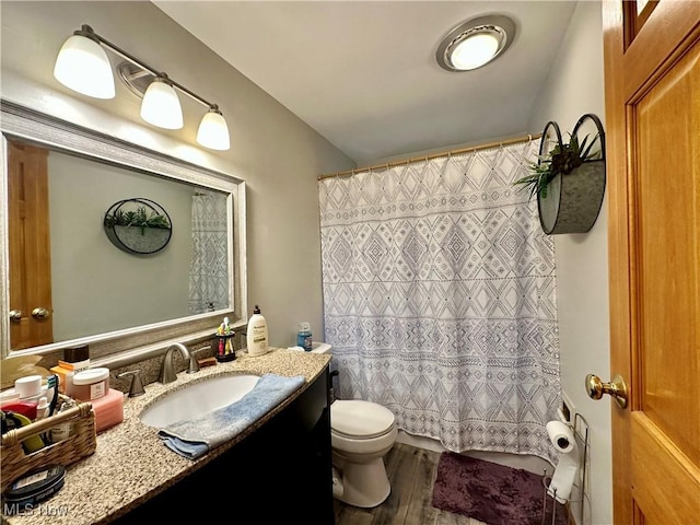 4145 Old River Rd, Philo, OH 43771 - bathroom with vanity, wood finished floors, and a shower with curtain