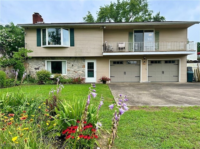 4145 Old River Rd, Philo, OH 43771 - view of front of property with a balcony, driveway, a chimney, and a front yard
