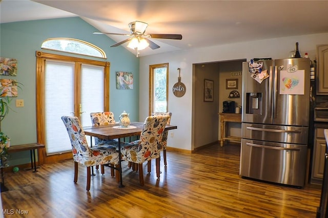 4145 Old River Rd, Philo, OH 43771 - dining area featuring a ceiling fan, lofted ceiling, and dark wood finished floors