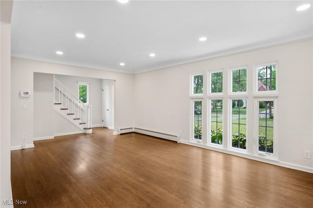18112 Lomond Blvd, Shaker Heights, OH 44122 - unfurnished living room featuring a baseboard radiator, dark wood finished floors, stairs, recessed lighting, and ornamental molding