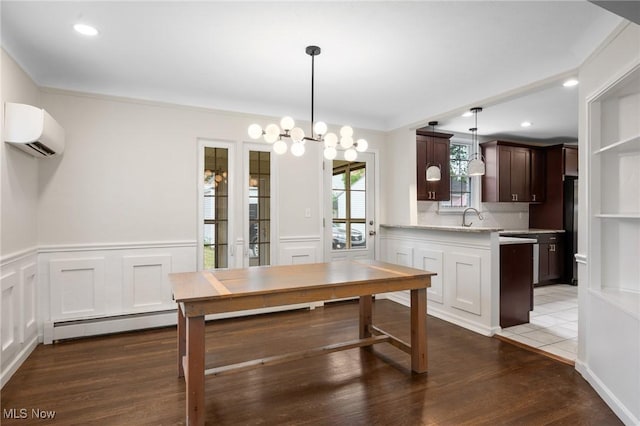 18112 Lomond Blvd, Shaker Heights, OH 44122 - dining space with baseboard heating, a wall mounted air conditioner, a decorative wall, ornamental molding, and a wainscoted wall