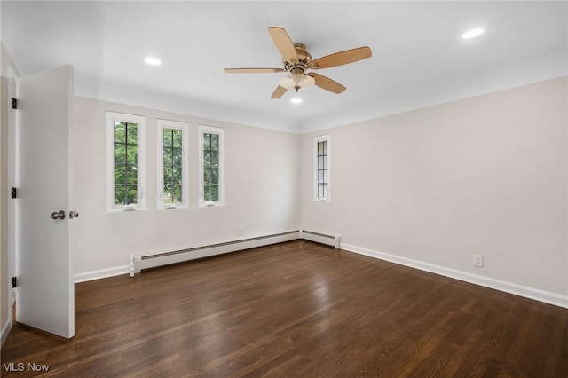 18112 Lomond Blvd, Shaker Heights, OH 44122 - unfurnished room with a baseboard radiator, wood finished floors, ceiling fan, and recessed lighting