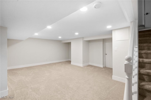 18112 Lomond Blvd, Shaker Heights, OH 44122 - finished basement with light colored carpet, stairway, and recessed lighting