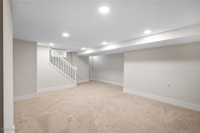 18112 Lomond Blvd, Shaker Heights, OH 44122 - finished below grade area featuring light colored carpet, recessed lighting, and stairway