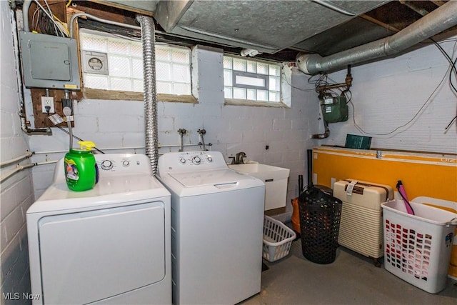 234 E 218th St, Euclid, OH 44123 - laundry room featuring separate washer and dryer, electric panel, and concrete block wall