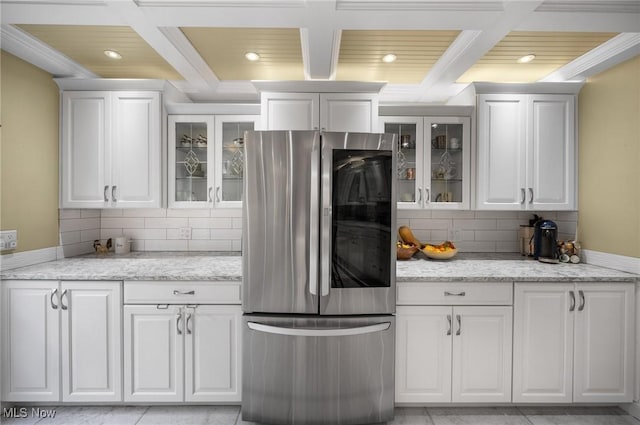 8985 Williams Rd, Chardon, OH 44024 - kitchen featuring smart refrigerator, coffered ceiling, white cabinets, backsplash, and recessed lighting