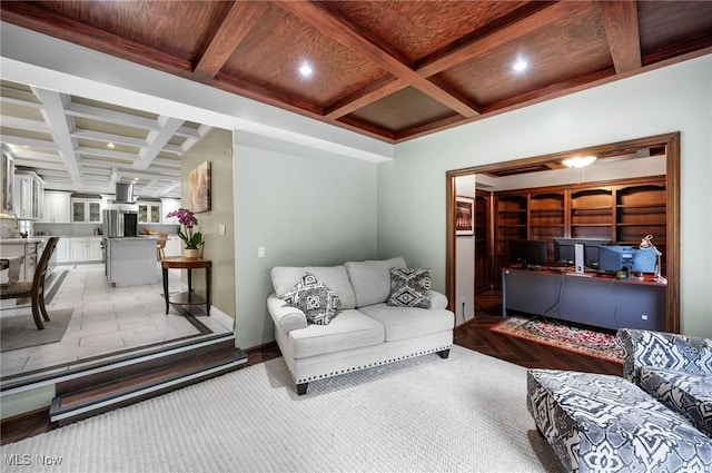 8985 Williams Rd, Chardon, OH 44024 - living room featuring coffered ceiling, beamed ceiling, built in study area, and recessed lighting