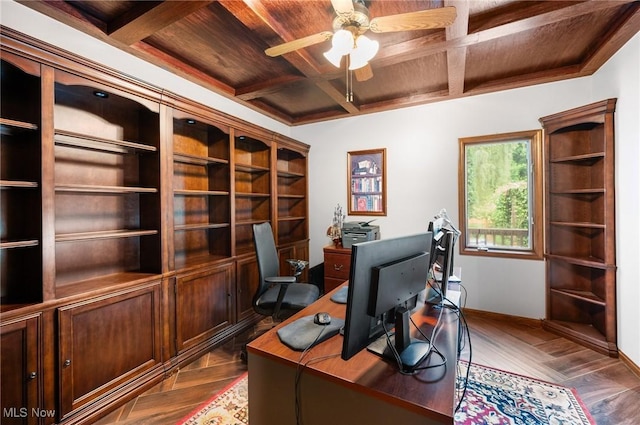 8985 Williams Rd, Chardon, OH 44024 - office space with a wooden ceiling with exposed beams, a ceiling fan, and coffered ceiling