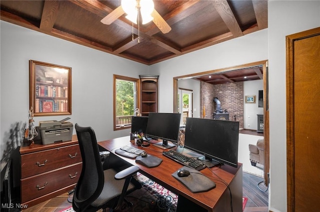 8985 Williams Rd, Chardon, OH 44024 - office with coffered ceiling, ceiling fan, a wood stove, beamed ceiling, and wood finished floors
