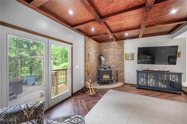 8985 Williams Rd, Chardon, OH 44024 - living area featuring healthy amount of natural light, a wood stove, coffered ceiling, a wood ceiling with exposed beams, and recessed lighting