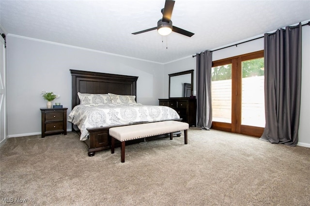 18259 William Dr, Doylestown, OH 44230 - bedroom featuring light carpet, access to outside, ceiling fan, and crown molding