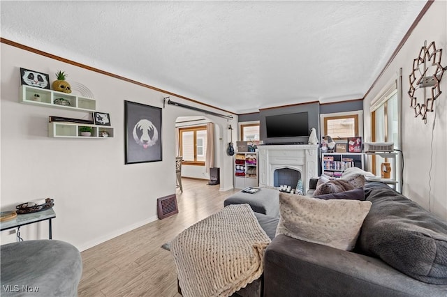 7604 Spring Garden Rd, Parma, OH 44129 - living area featuring arched walkways, light wood-style floors, a textured ceiling, ornamental molding, and a fireplace