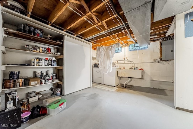 2640 Fleger Dr, Parma, OH 44134 - below grade area featuring electric panel and washing machine and clothes dryer